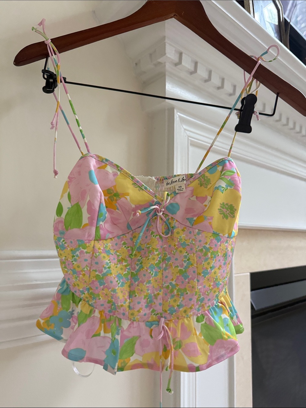 For Love & Lemons Floral Ruffle Peplum Cami Top - Pink, Yellow, Green